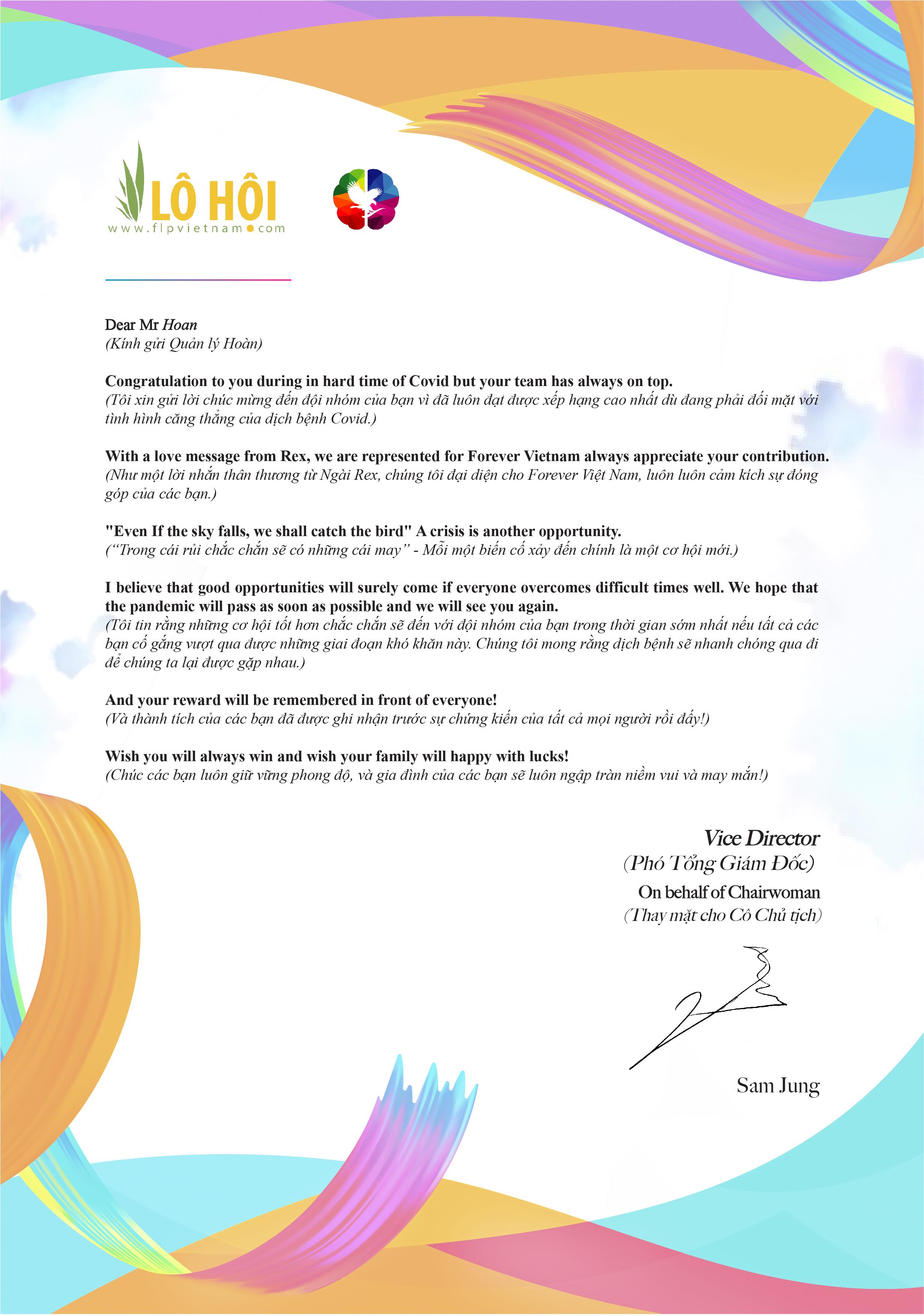 Lá thư Động viên từ Phó Tổng Giám Đốc - Mr. Sam Jung dành cho 16 FBOs tiêu biểu tháng 07 năm 2021